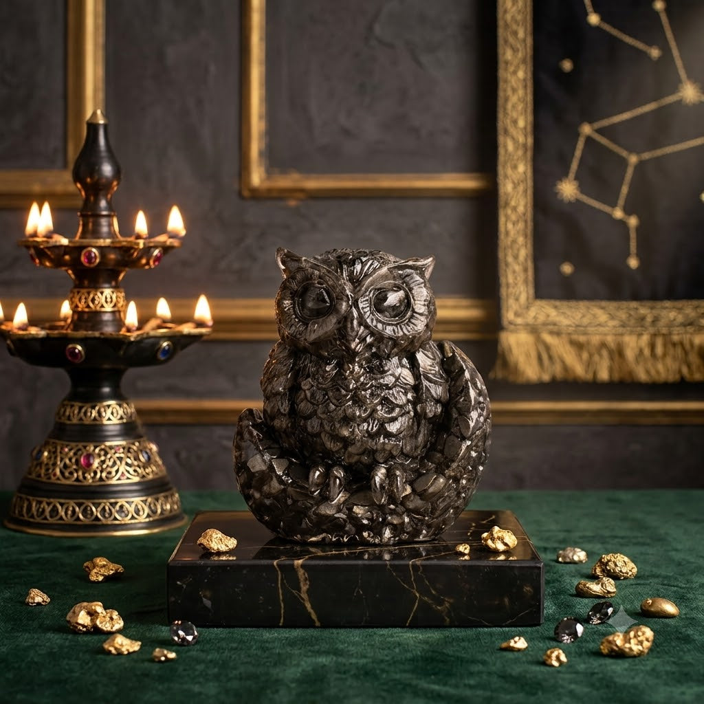 Natural Pyrite Owl Statue for Wealth, Wisdom & Vastu Home Decor Gift