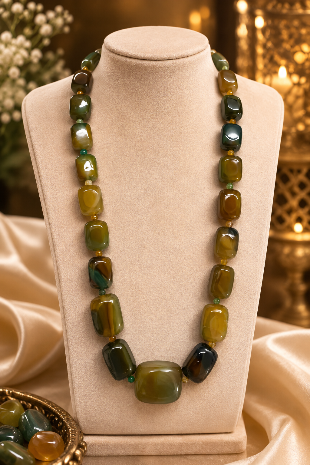 Natural Agate Necklace – Green & Golden Multi-Color Agate Beaded Statement Necklace