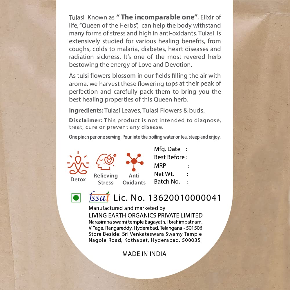 Living Earth Organic Tulsi Flowers, Buds And Leaves For Stress Relief 40 Grams (Living Earth) For Anahata Chakra (Budha Graha)