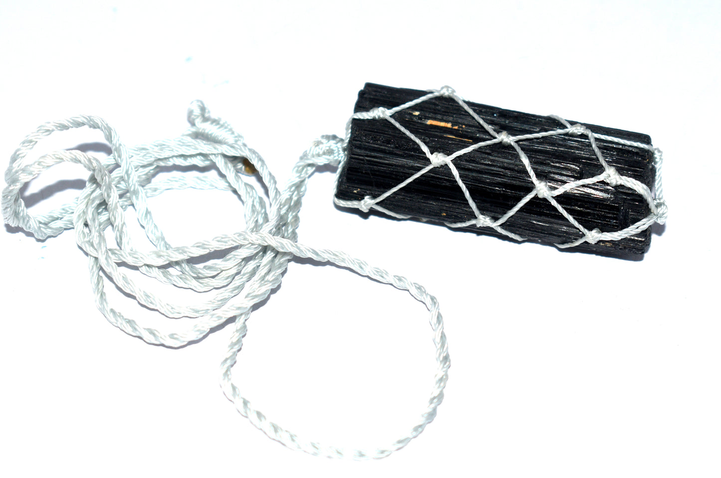 "Natural Black Tourmaline Rough Stone Necklace – Hand Knotted Rope Protection Pendant"