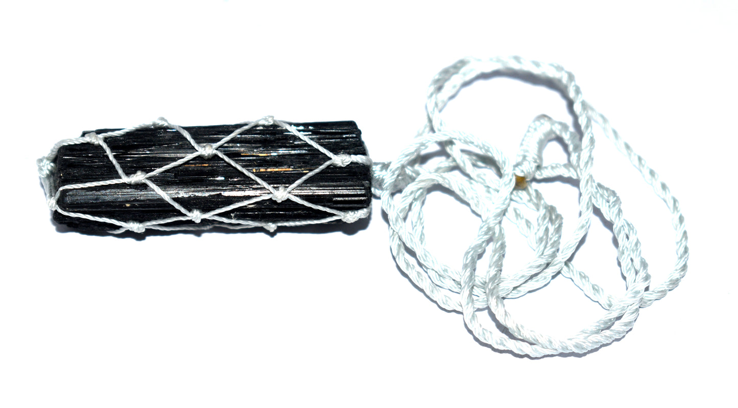 "Natural Black Tourmaline Rough Stone Necklace – Hand Knotted Rope Protection Pendant"