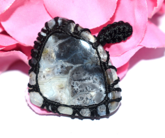 Natural Dendrite Opal Cabochon Macrame {Thread} Pendant - {Weight-9.34 Gram}