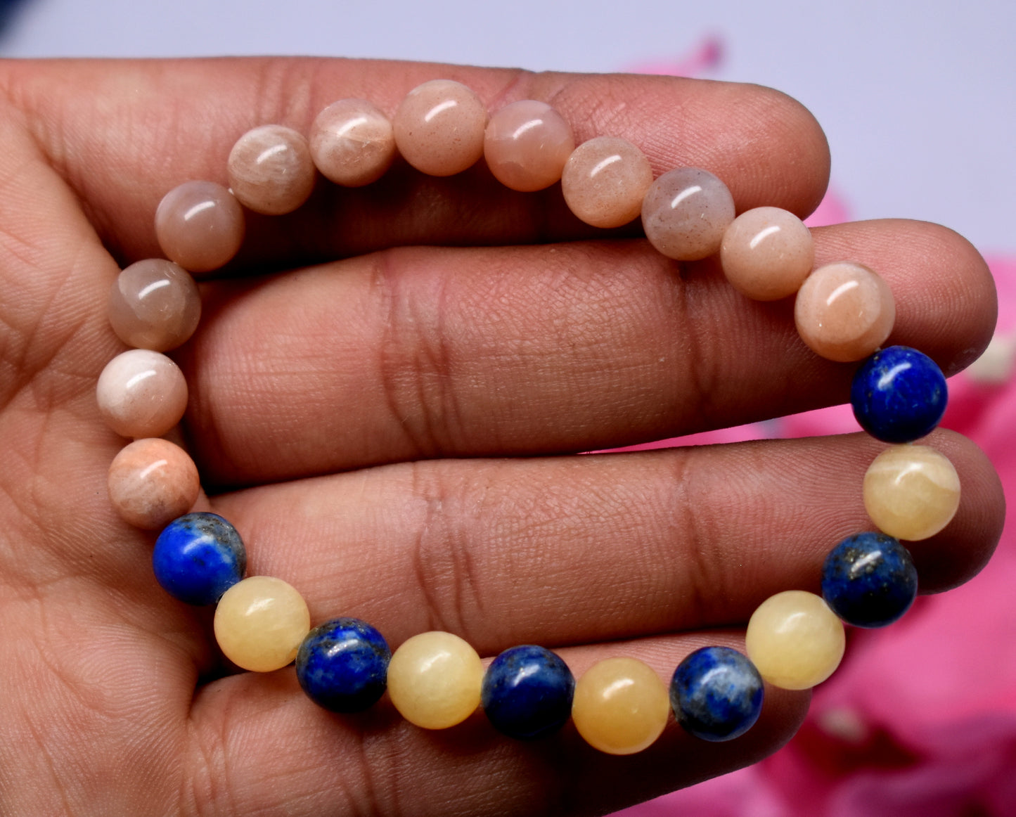 Peach Moonstone, Lapis Lazuli, and Yellow Calcite Bead Bracelet – Supports Harmony, Intuition, and Positivity #PeachMoonstone #LapisLazuli #YellowCalcite #Harmony #Intuition #CrystalBracelet