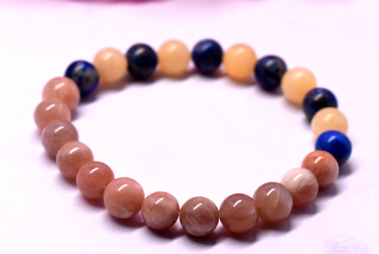 Peach Moonstone, Lapis Lazuli, and Yellow Calcite Bead Bracelet – Supports Harmony, Intuition, and Positivity #PeachMoonstone #LapisLazuli #YellowCalcite #Harmony #Intuition #CrystalBracelet