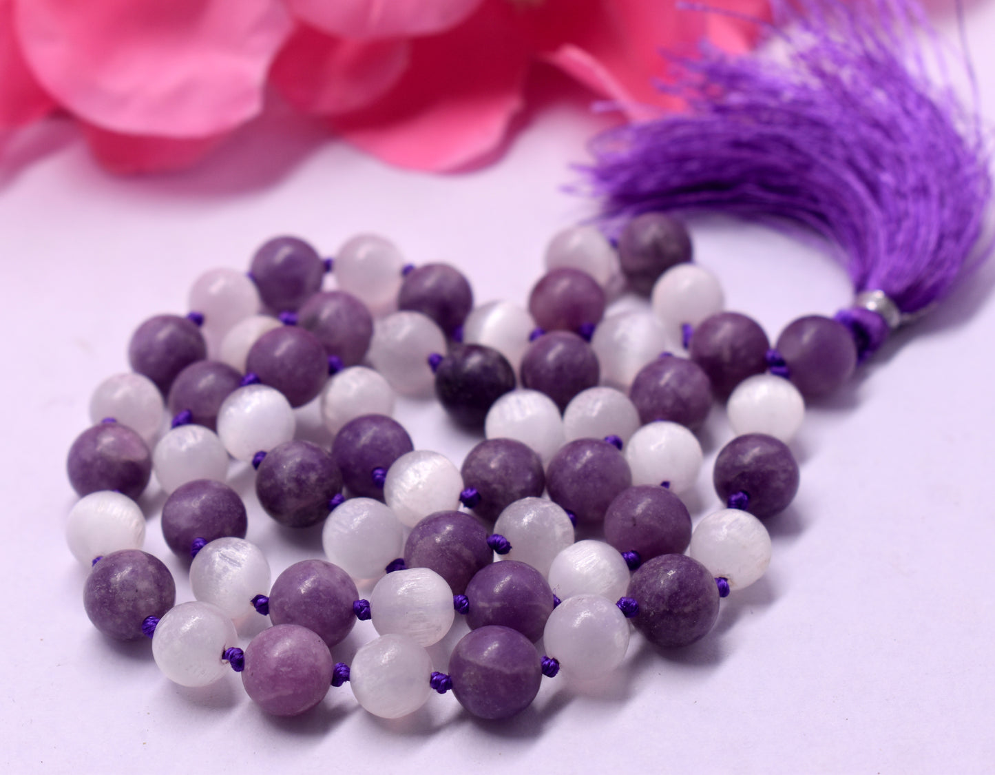 Selenite and Lepidolite 55 Bead Knotted Jap Mala – Promotes Clarity, Balance, and Stress Relief #Selenite #Lepidolite #CrystalHealing #StressRelief #JapMala