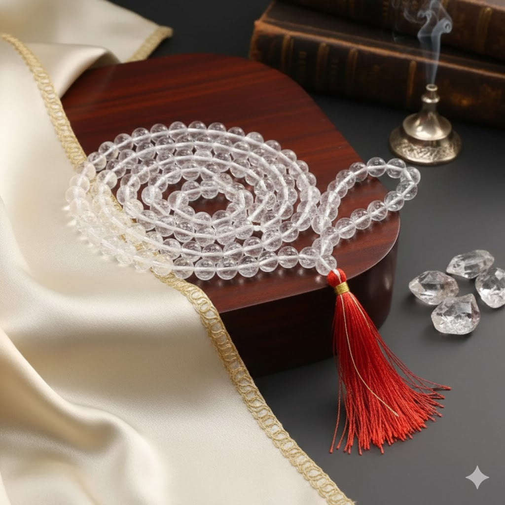 Natural Sphatik Mala for Jaap, Spiritual Growth & Aura Cleansing