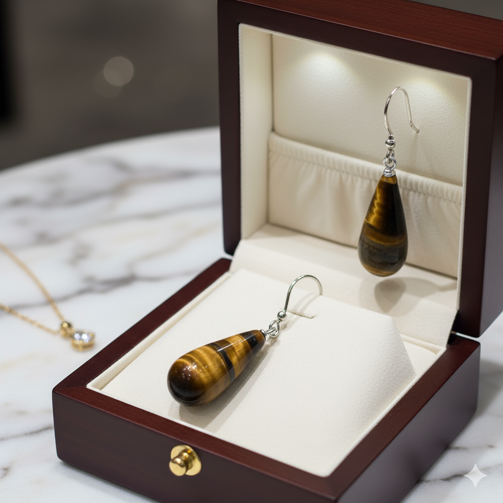Beautiful Tiger Eye Ear Hangings, {Earrings} {Weight - 6.40 Gram}