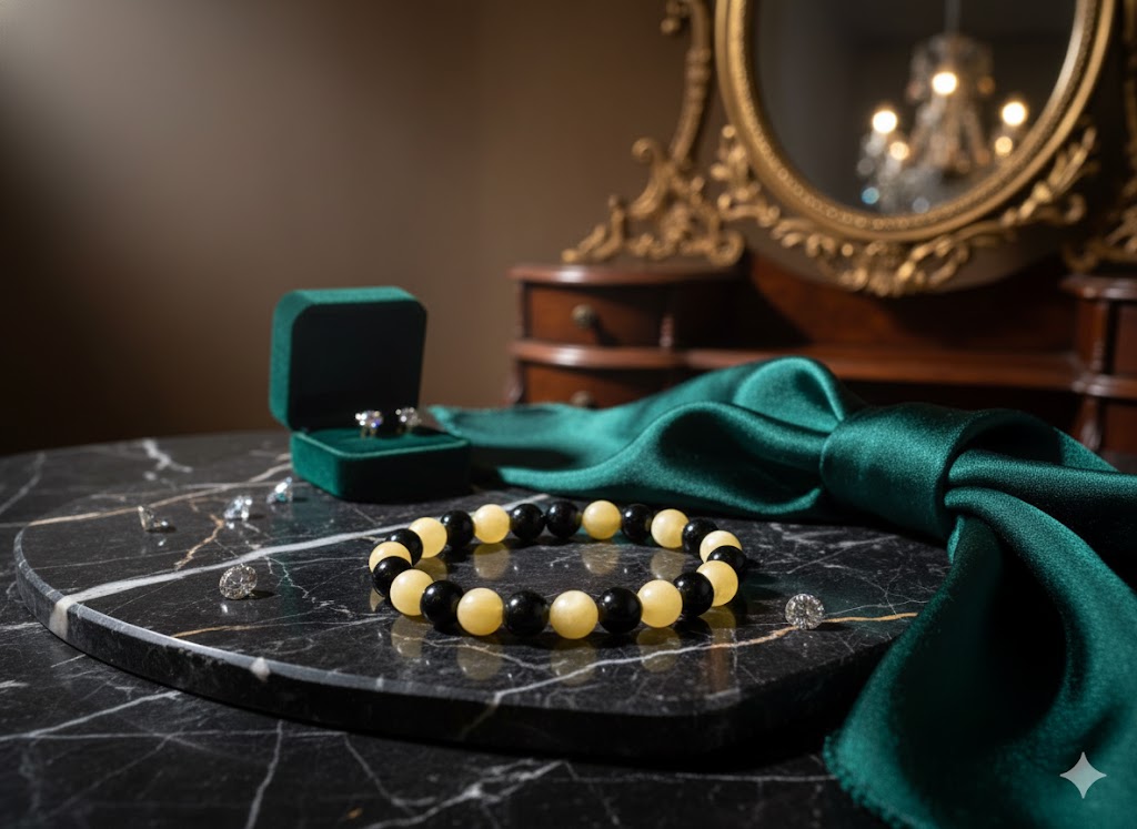 Black Tourmaline & Yellow Calcite Bead Adjustable Bracelet