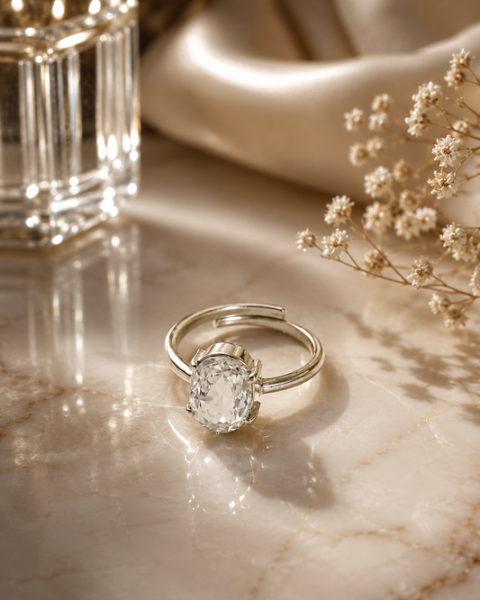 White Zircon Adjustable Silver Ring | Elegant Crystal Ring for Women