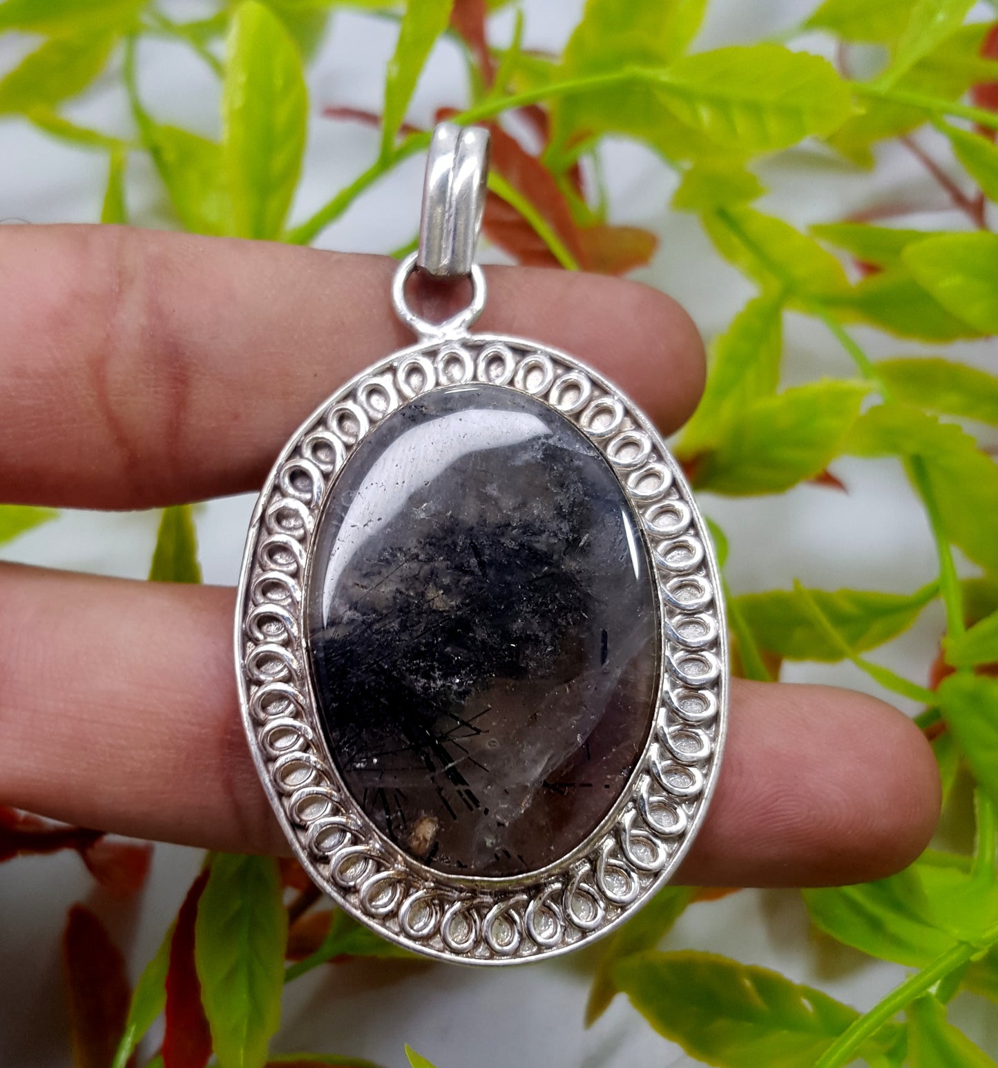 Black Rutile Silver Pendant, Rutilated Quartz Gemstone Silver Pendant, Designer Pendant,