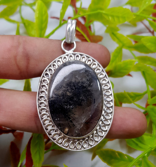 Black Rutile Silver Pendant, Rutilated Quartz Gemstone Silver Pendant, Designer Pendant,