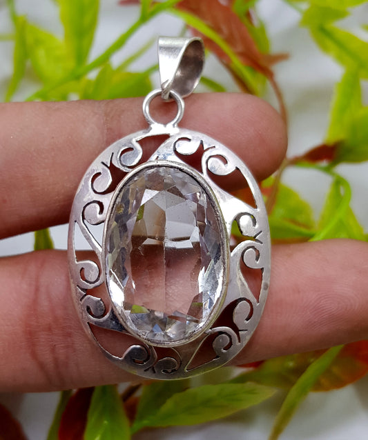 Crystal Quartz Pendant 925 Silver Plated Pendant Faceted Crystal Quartz Handmade Boho Jewelry