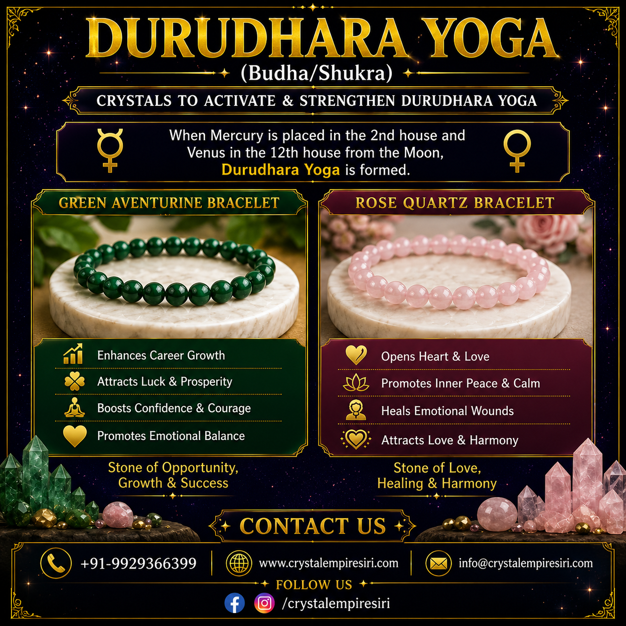 Durudhara Yoga Crystal Bracelet | Green Aventurine & Rose Quartz for Mercury–Venus Balance