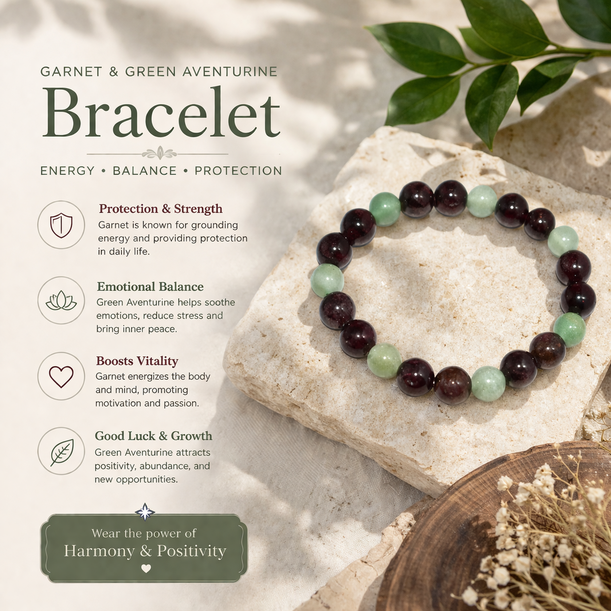 Garnet & Green Aventurine Bead Adjustable Bracelet – Passion, Prosperity & Heart Healing