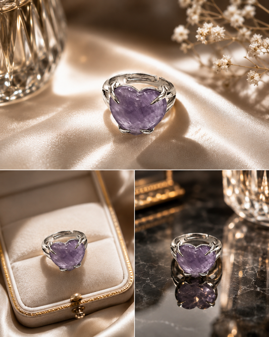 Amethyst Heart Adjustable Ring | Natural Crystal Healing Jewelry