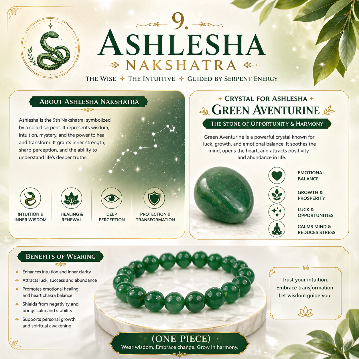 9. Ashlesha Nakshatra Crystal, Green Aventurine Adjustable Bracelet for Healing