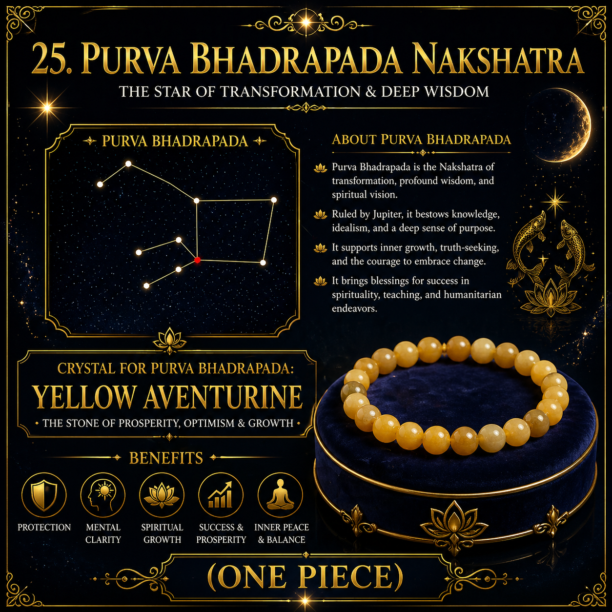 25. Purva Bhadrapada Nakshatra Crystal, Yellow Aventurine Adjustable Bracelet for Healing