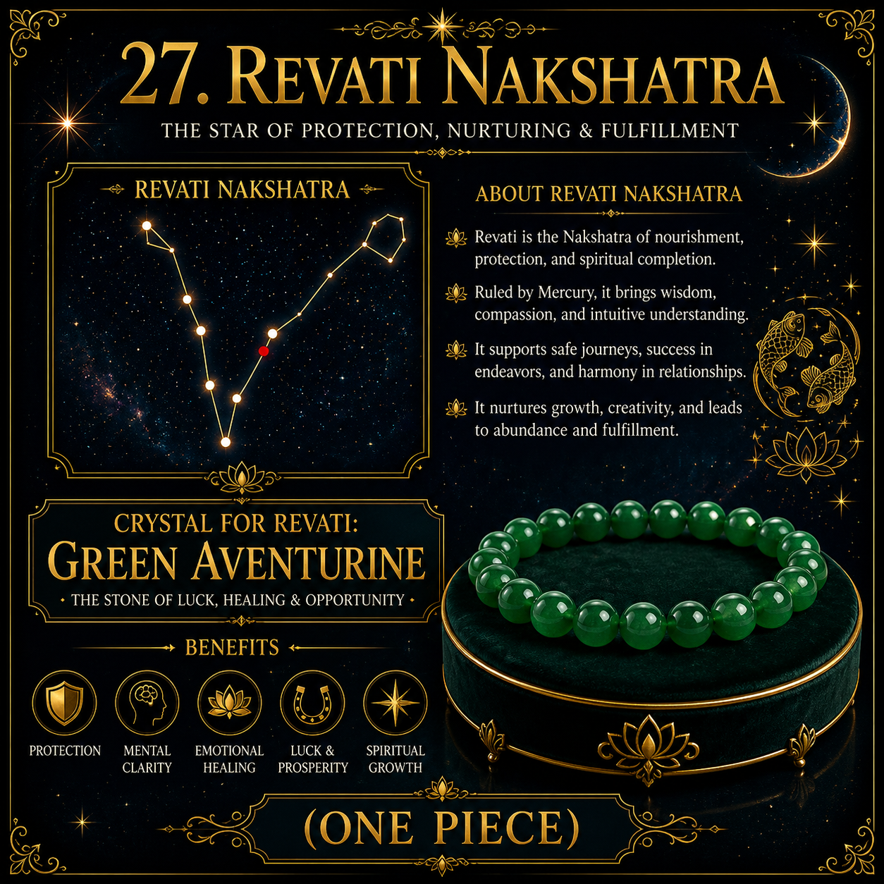 27. Revati Nakshatra Crystal, Green Aventurine Adjustable Bracelet for Healing