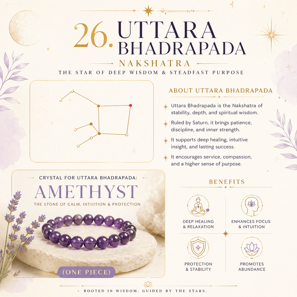 26. Uttara Bhadrapada Nakshatra Crystal, Amethyst Adjustable Bracelet for Healing
