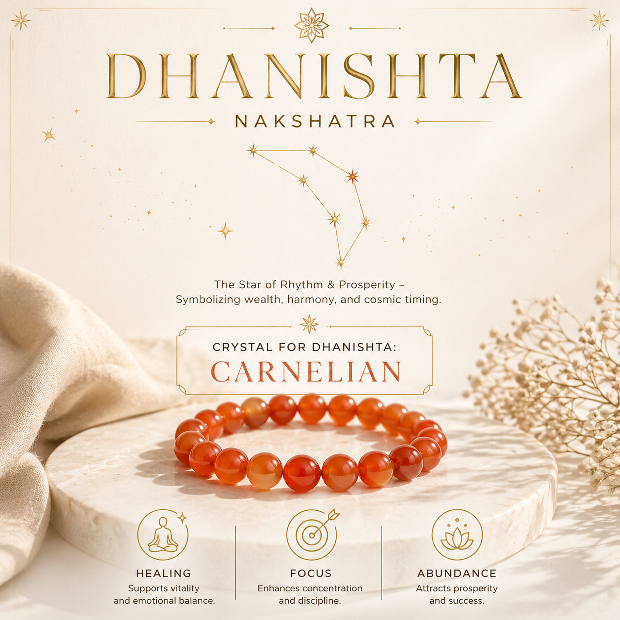 23. Dhanishta Nakshatra Crystal | Carnelian Adjustable Bracelet