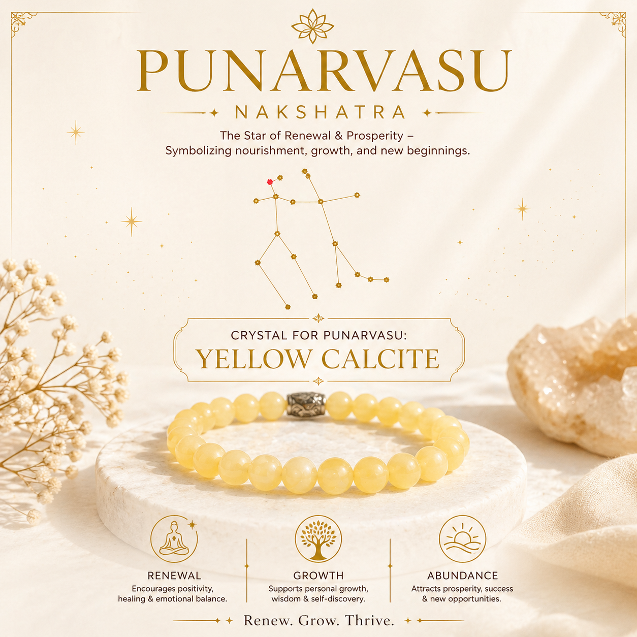 7. Punarvasu Nakshatra Crystal | Yellow Calcite Adjustable Bracelet