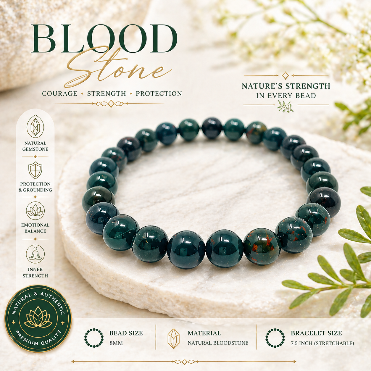 Blood Stone Bead Adjustable Bracelet, Natural Healing Crystal for Energy Balance