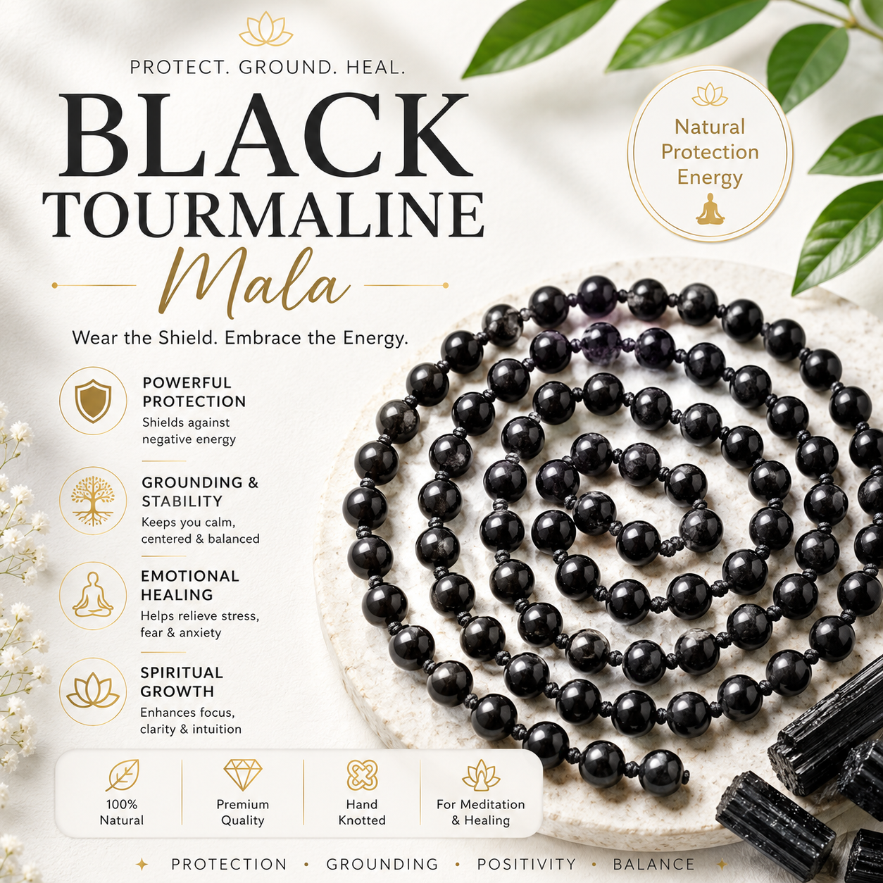 Black Tourmaline Bead Knotted Mala for Protection and Grounding