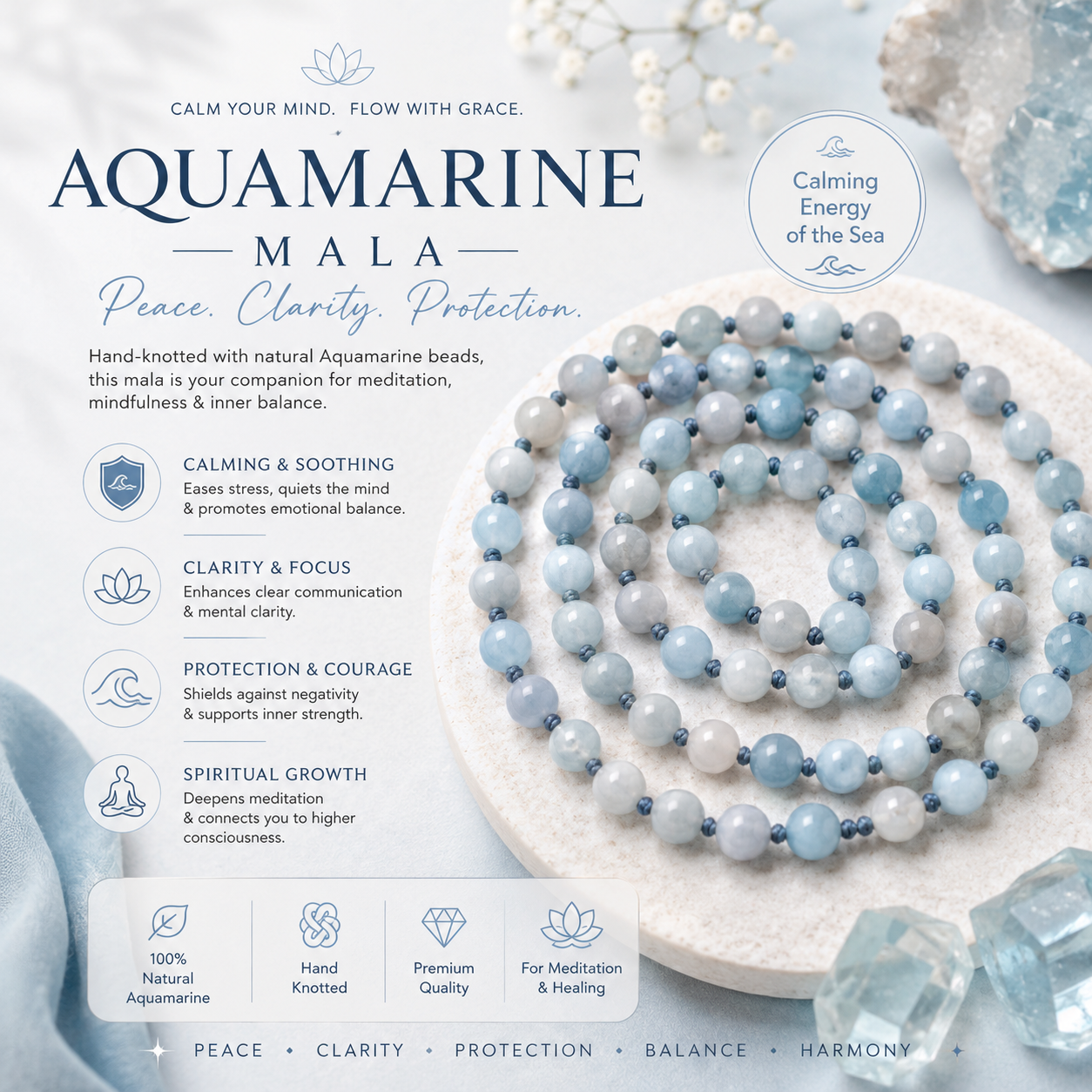 Aquamarine Round Beads Mala 8 MM 28 Inches