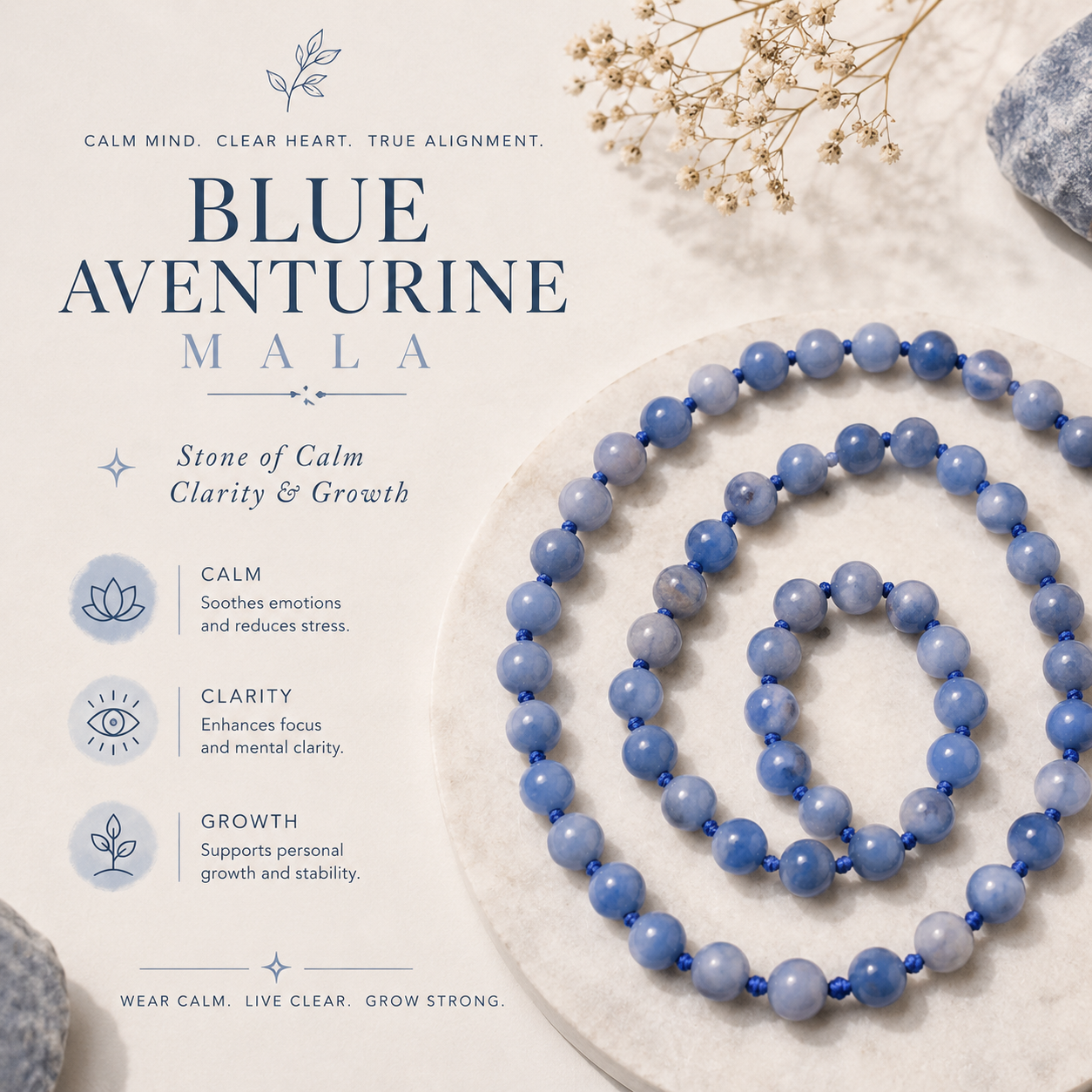 Blue Aventurine Bead Knotted Mala for Calmness and Emotional Healing