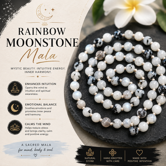 Rainbow Moonstone Bead Mala for Emotional Healing and Intuition