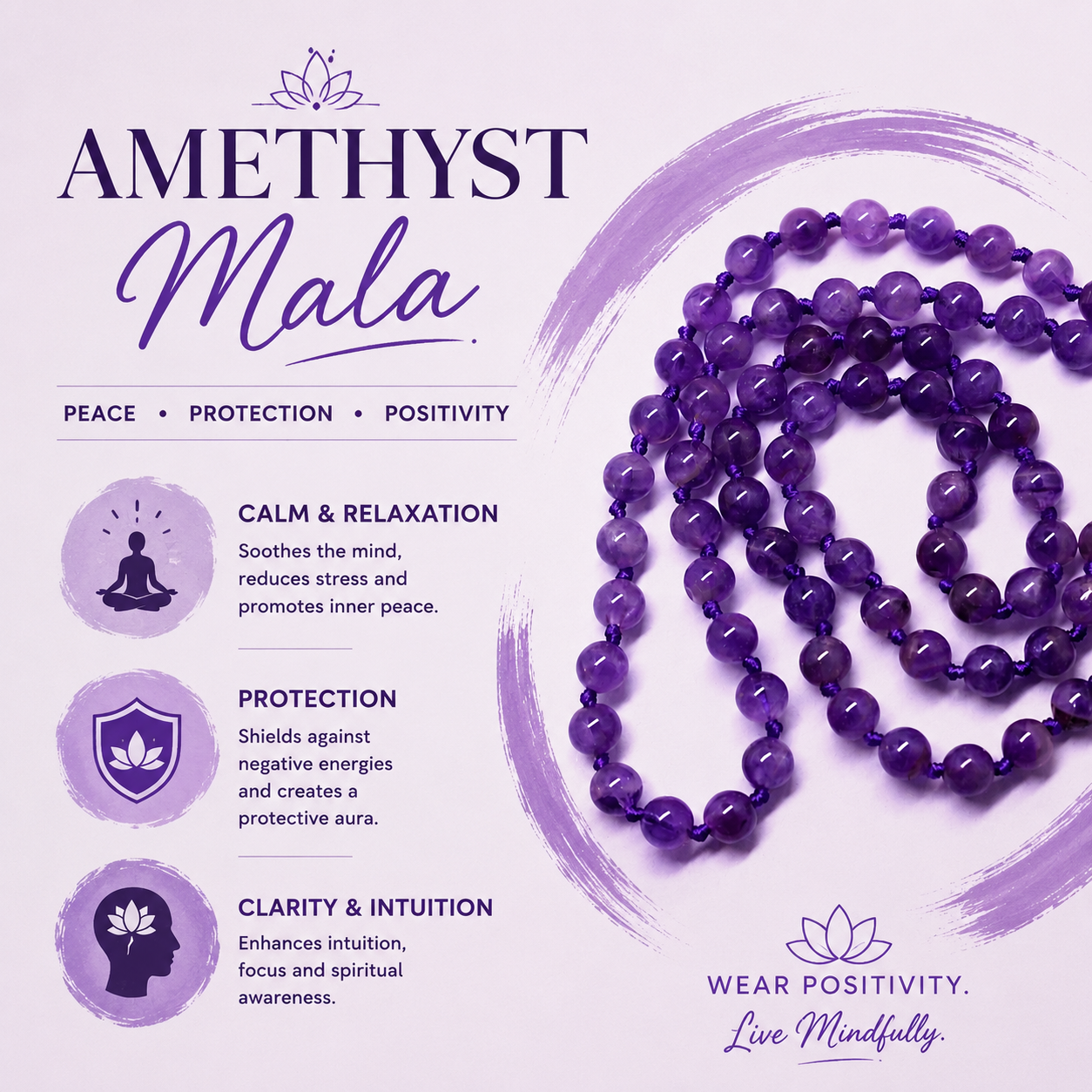 Amethyst Bead Knotted Mala for Peace and Spiritual Healing