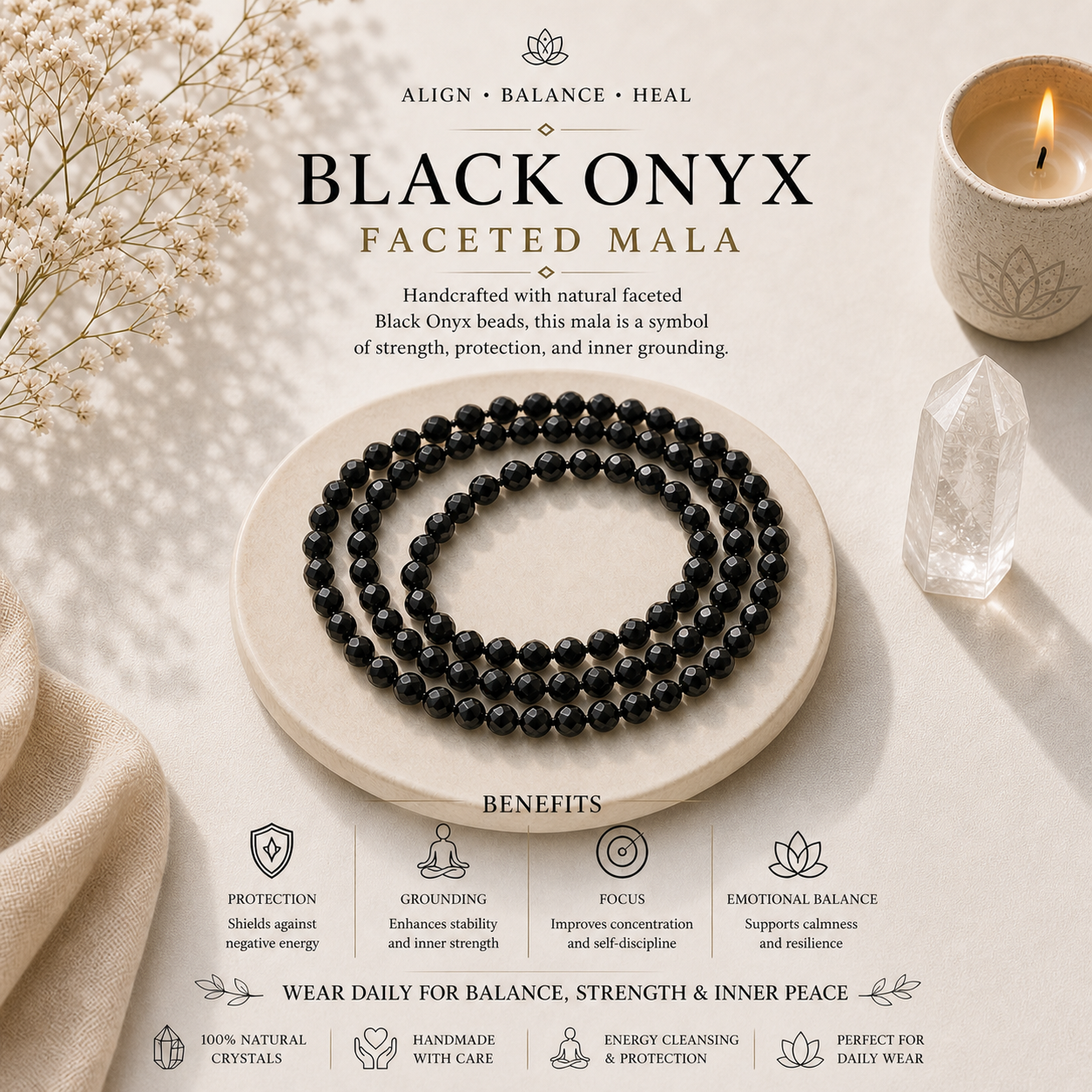 Black Onyx Faceted Mala