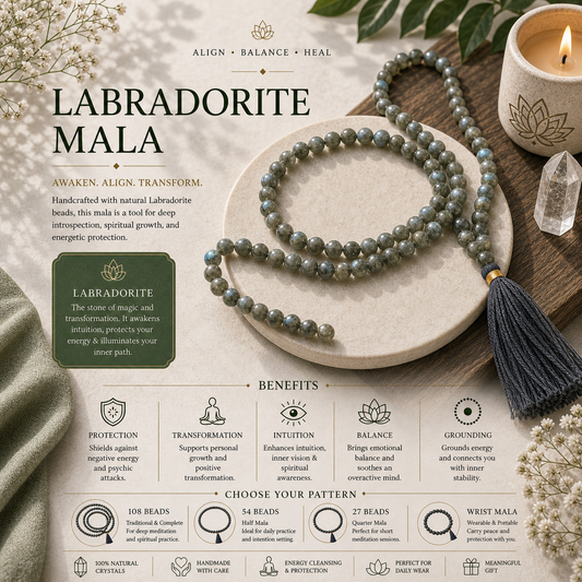 Natural Labradorite Jaap Mala for Protection, Meditation & Healing