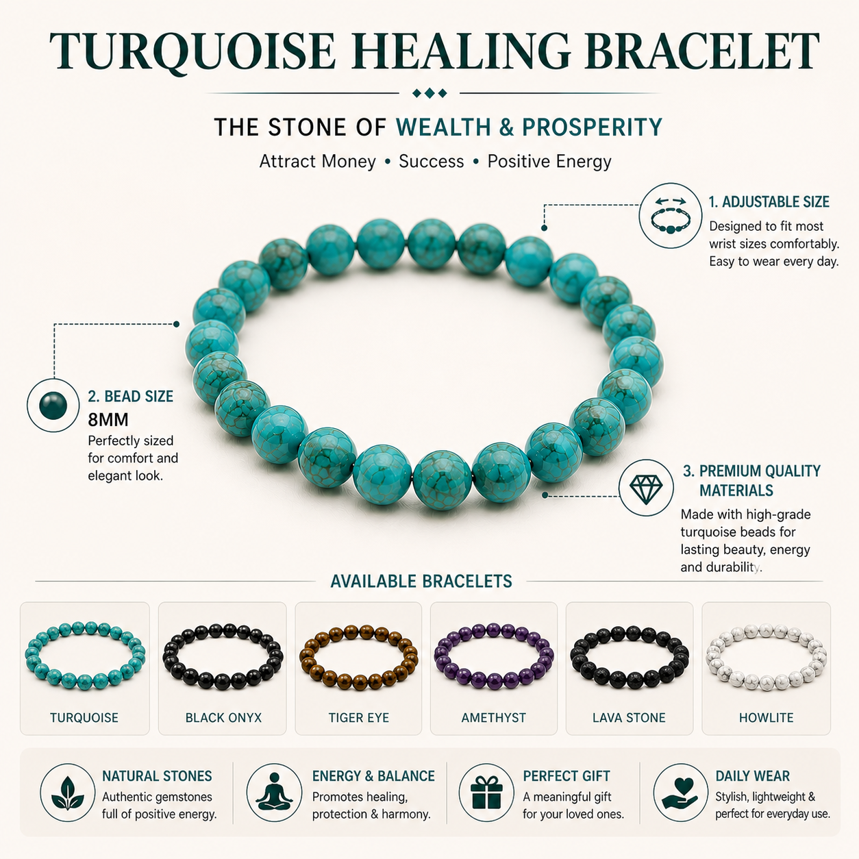 Blue Turquoise {Firoza} Adjustable Bracelet, Beaded Bracelet 8 mm