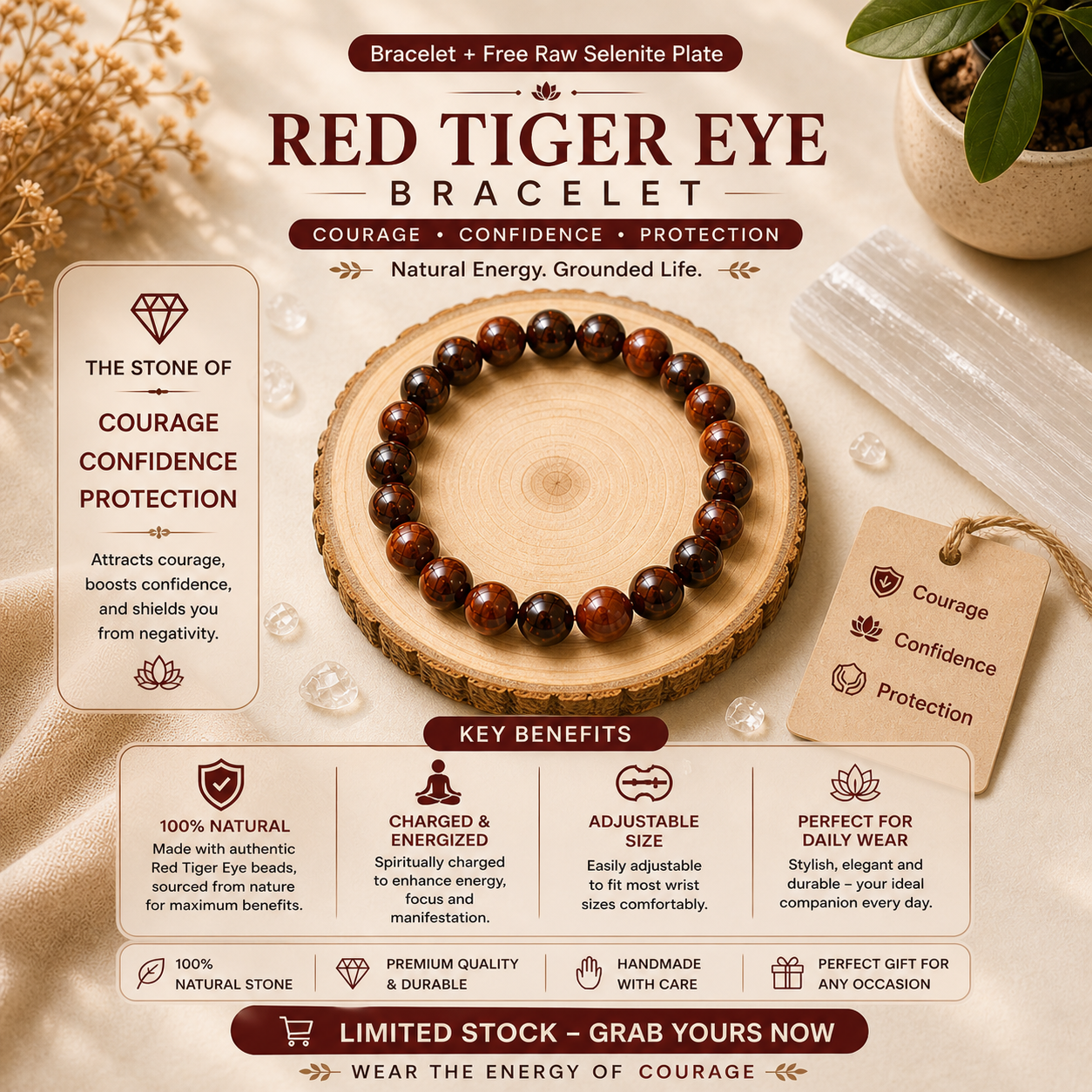 Red Tiger Eye Crystal Adjustable Bracelet – 8 MM Size