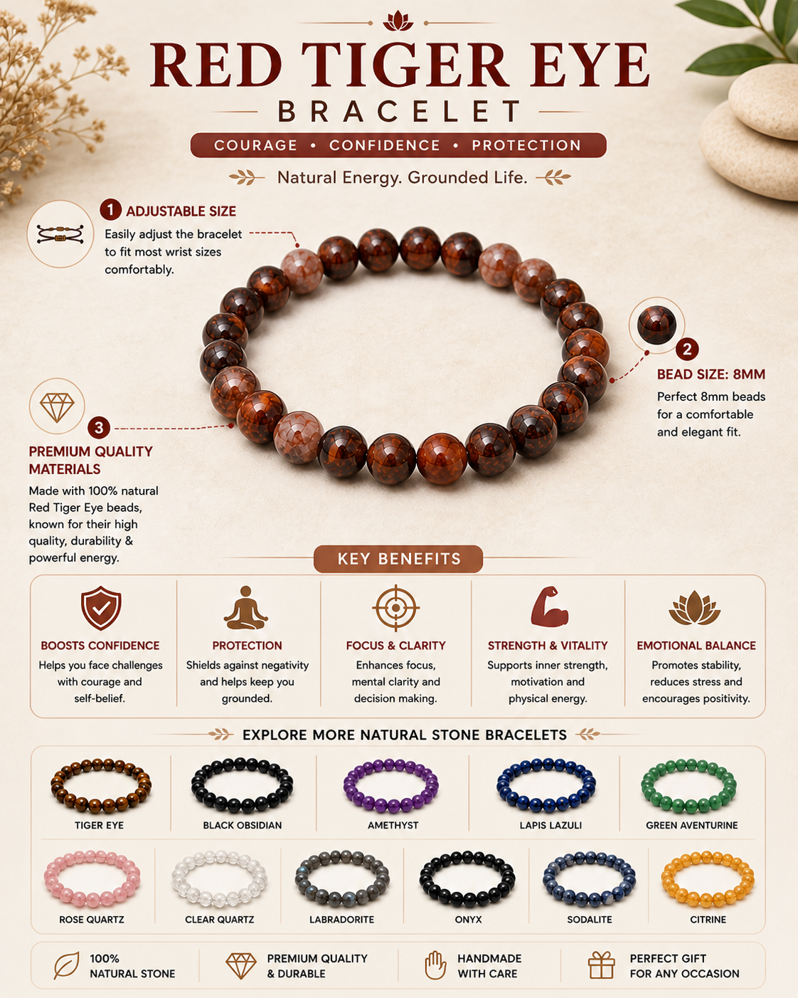 Red Tiger Eye Crystal Adjustable Bracelet – 8 MM Size