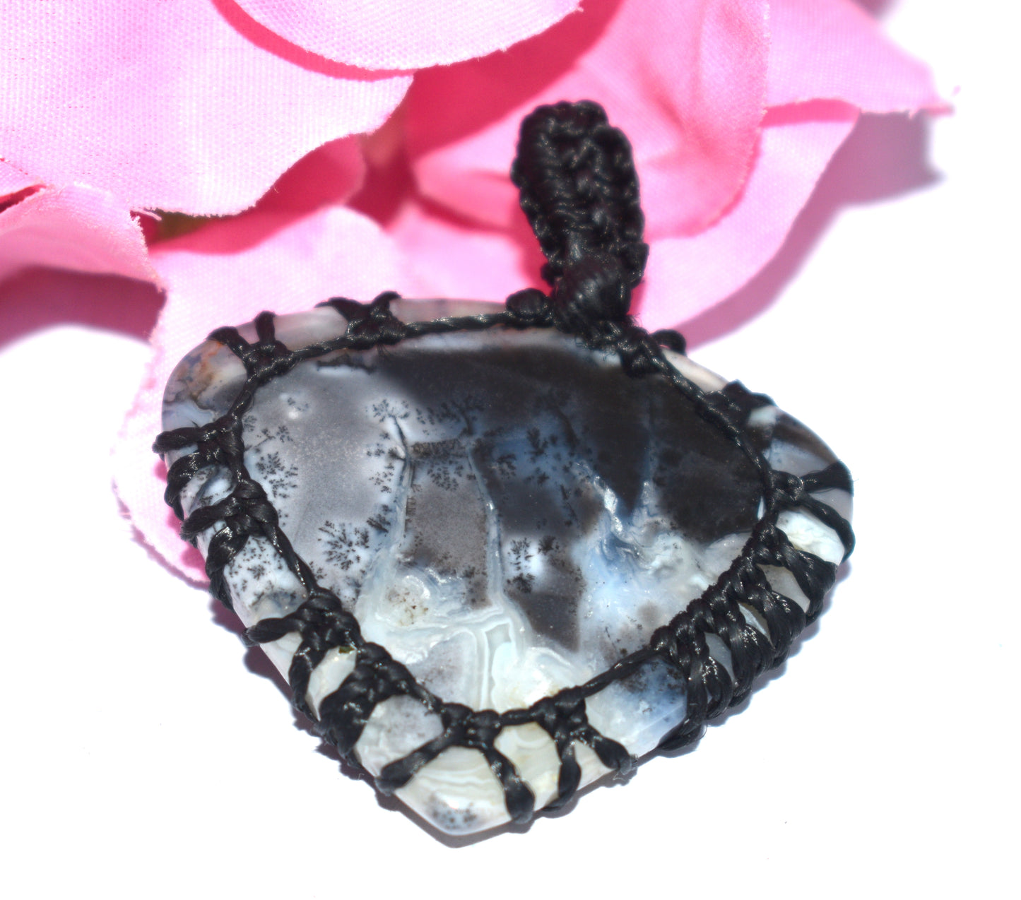 Natural Dendrite Opal Cabochon Macrame {Thread} Pendant - {Weight-9.34 Gram}