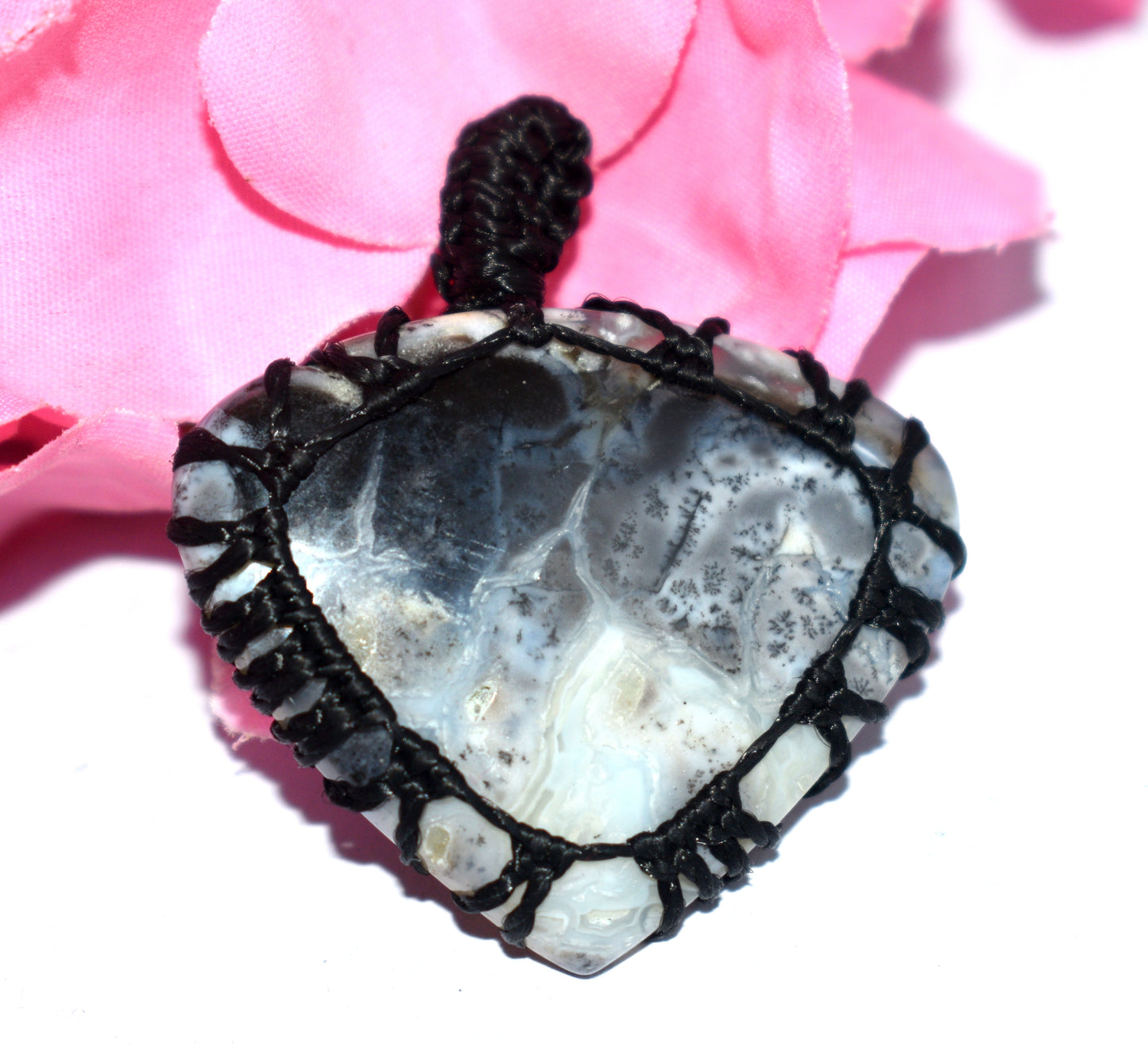 Natural Dendrite Opal Cabochon Macrame {Thread} Pendant - {Weight-9.34 Gram}
