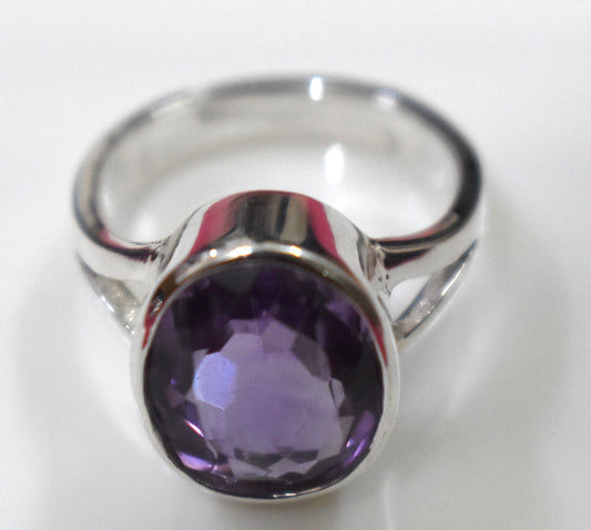 Amethyst Oval Faceted Free Size Sterling Silver Ring- {Weight-5.02 Gram}