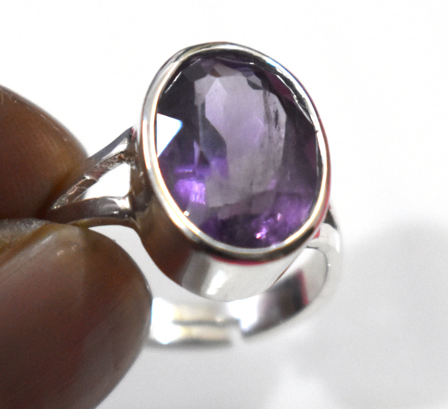 Amethyst Oval Faceted Free Size Sterling Silver Ring- {Weight-5.70 Gram}