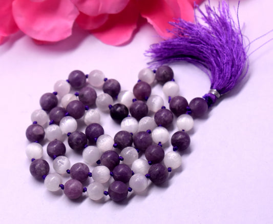 Selenite and Lepidolite 55 Bead Knotted Jap Mala – Promotes Clarity, Balance, and Stress Relief #Selenite #Lepidolite #CrystalHealing #StressRelief #JapMala