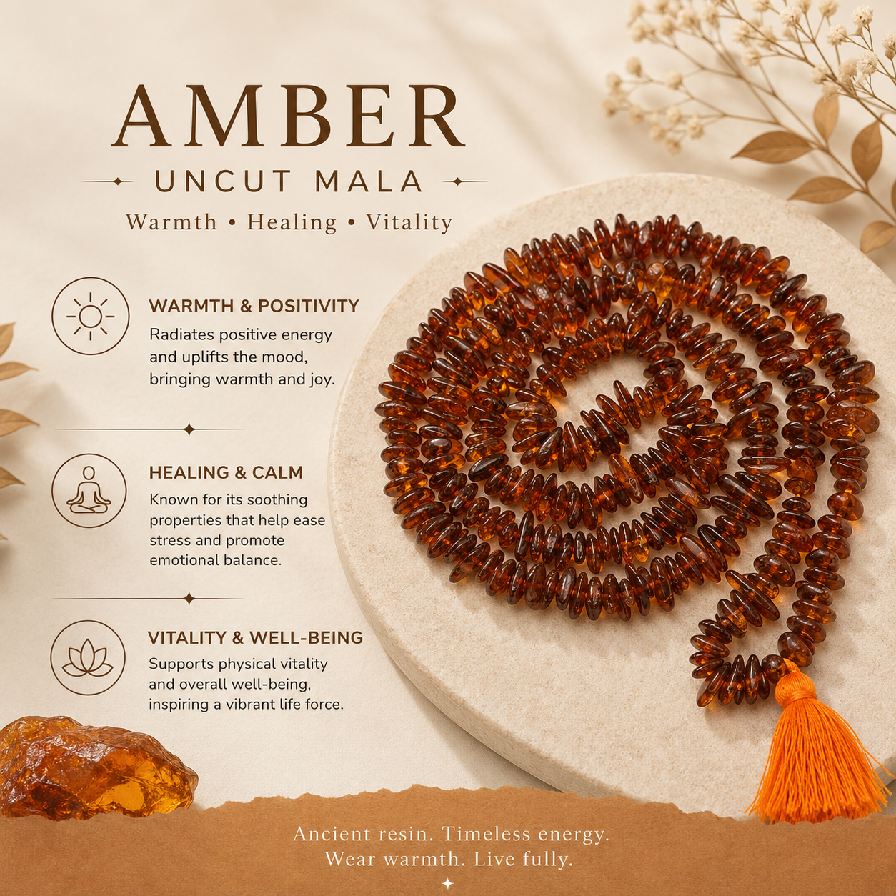 Amber Uncut Mala – Purification, Healing &amp; Spiritual Growth 🍂✨