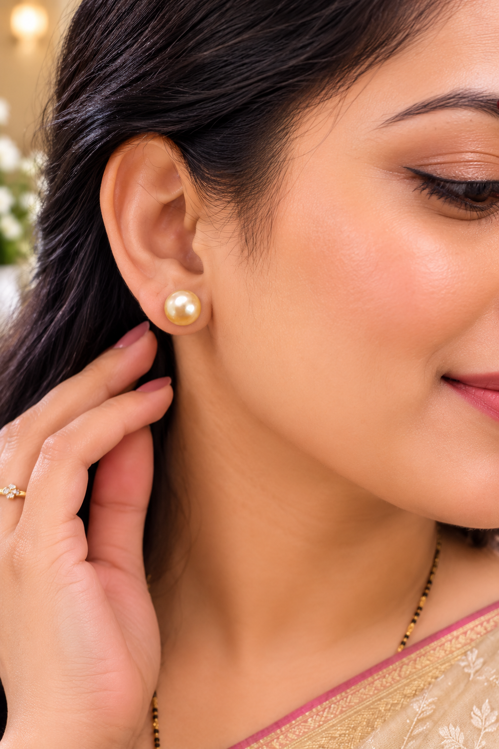Elegant Golden Pearl Stud Earrings for Women | Classic Pearl Earrings