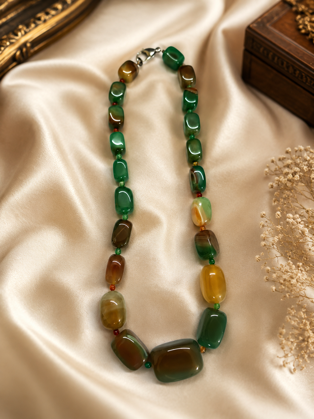 Natural Multi-Color Agate Beaded Necklace | Green & Earthy Tones Gemstone Necklace | Handmade Statement Necklace for Women