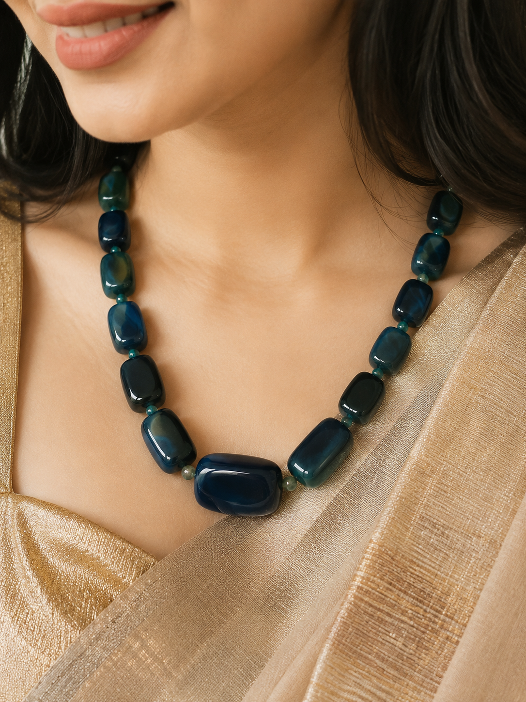 Natural Blue Agate Necklace | Blue Agate Beaded Gemstone Necklace | Elegant Statement Necklace for Women