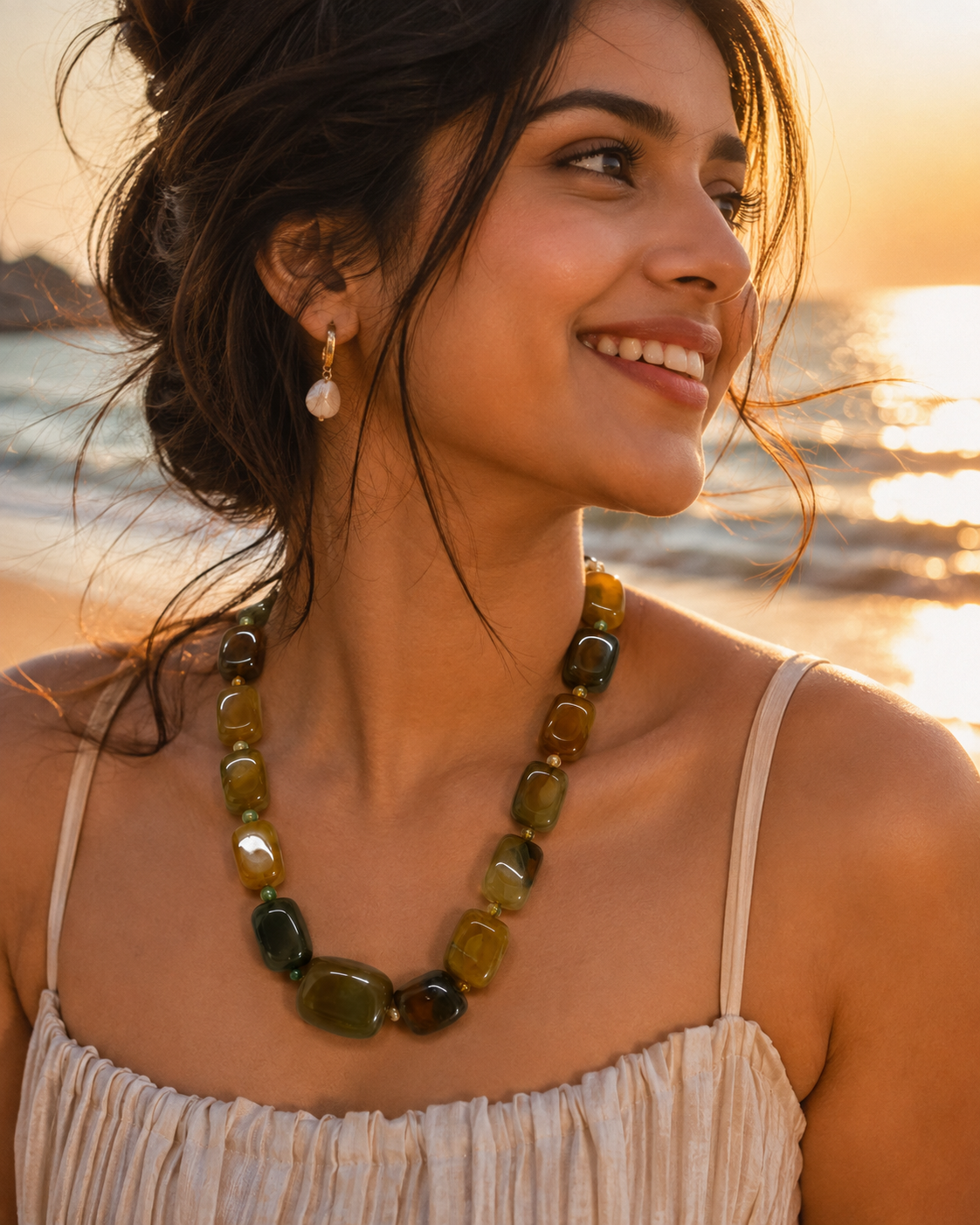 Natural Agate Necklace – Green & Golden Multi-Color Agate Beaded Statement Necklace