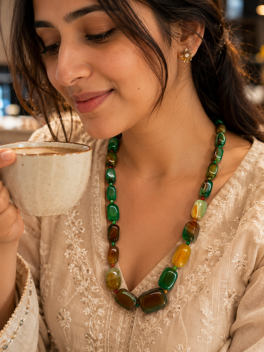 Natural Multi-Color Agate Beaded Necklace | Green & Earthy Tones Gemstone Necklace | Handmade Statement Necklace for Women