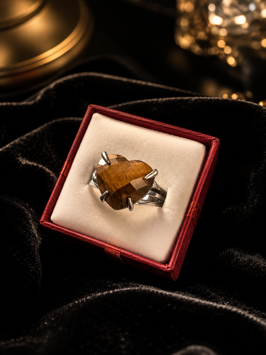 Tiger Eye Heart Shape Adjustable Ring | Crystal Empire Gemstone