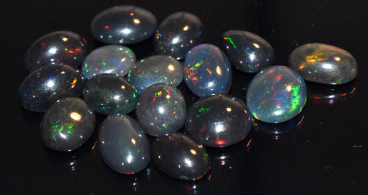 Natural Black Ethiopian Opal- Oval Welo Fire Cabochon Gemstone Lot- 34.00 Ct- Size-8.5x10x3mm To 11.5x11.5x5mm- For Making Jewelry- PC-16