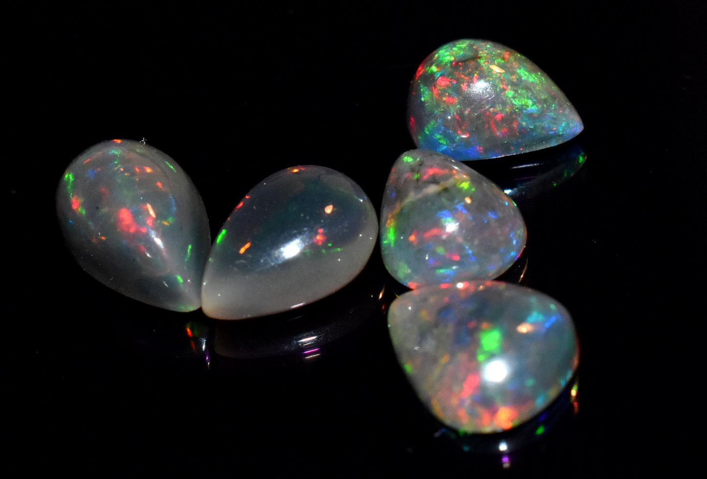 Opal- Natural Black Ethiopian Opal- Pear Welo Fire Cabochon Gemstone Lot- 8.90 Ct- Size-8x10x4.5mm To 8x12.5x6mm- For Making Jewelry- PC-5